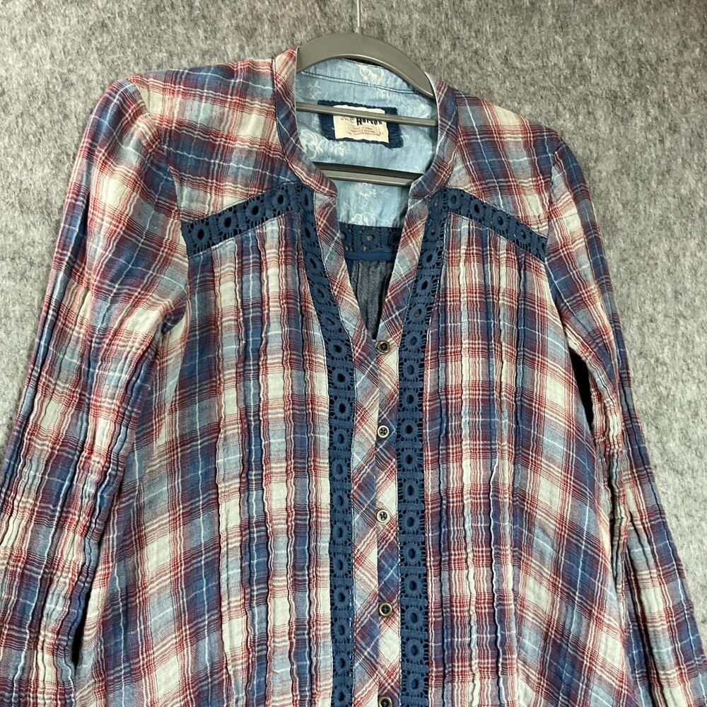 Holding Horses Dress Womens XS Red Blue Plaid Boho Eyelet Trim Anthropologie - Picture 5 of 14